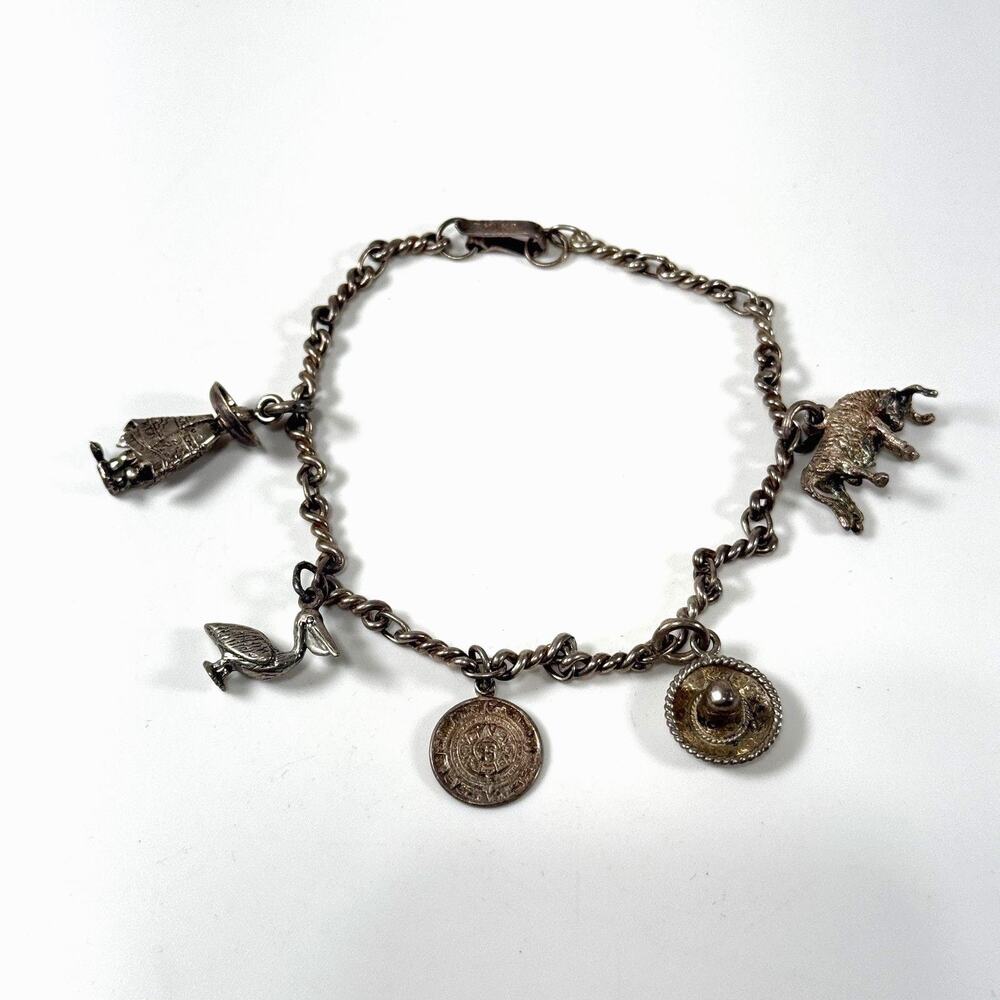 Vintage Sterling Silver 925 MEXICO 5 Charm Mayan Aztec Folk Bracelet 9" 21.9g